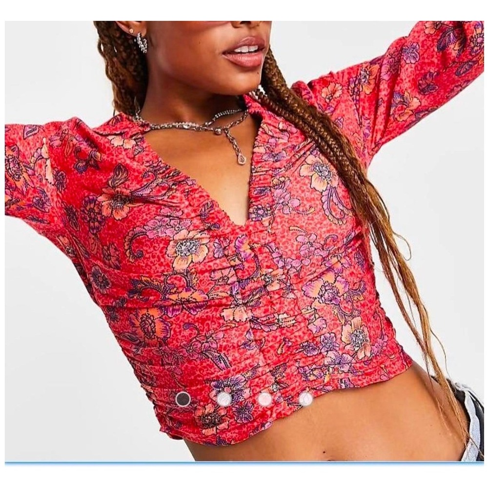 Free People Crop Top L Floral Ruched Blouse Red Pink Boho Bright Slip Smocked - Picture 3 of 16